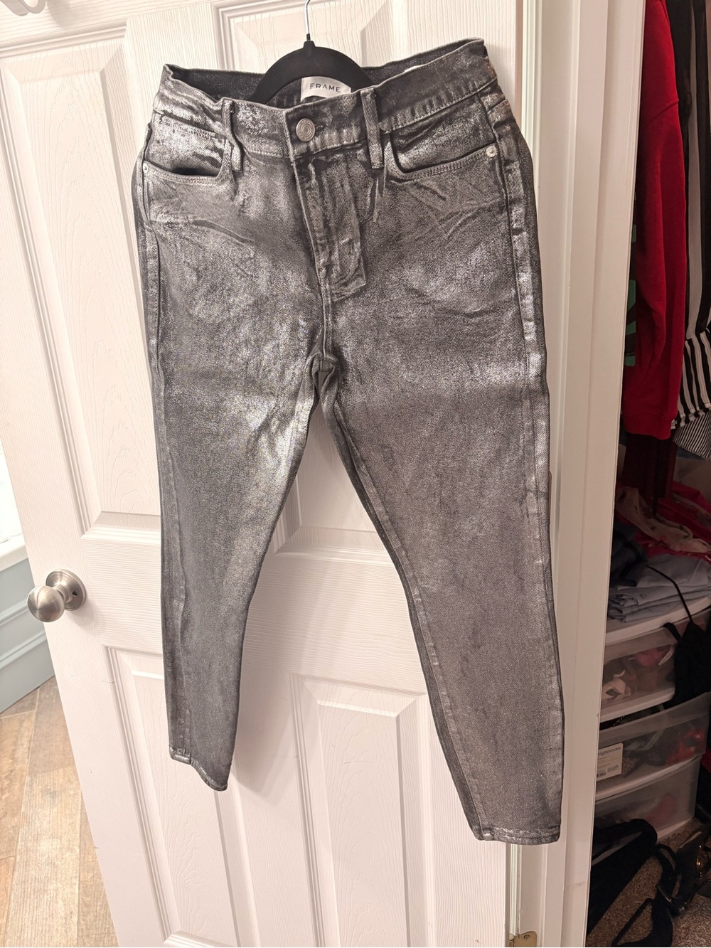 Frame Denim Metallic Silver Skinny Jeans